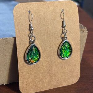 Elegant Green and Gold Teardrop Earrings Handcrafted